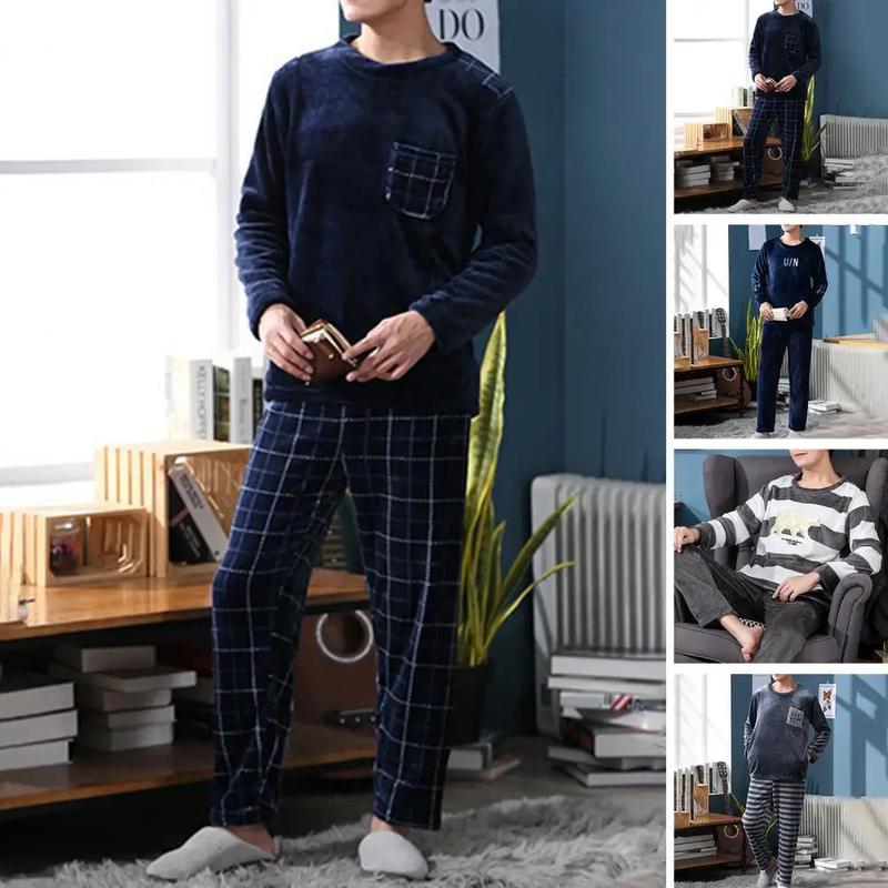 Comfortable Sleepwear Set Men's Winter Pajamas Set with Round Neck Long Sleeve Elastic Waist Soft Pockets Cozy Homewear for Cold