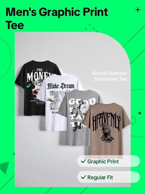 Men's Letter & Graphic Print Round Neck Tee, Regular Fit Casual Short Sleeve T-shirt, Summer Top for Men