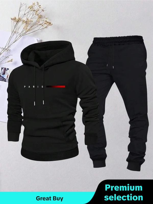 Two-piece Set Men's Letter Print Thermal Lined Hoodie & Pocket Drawstring Waist Sweatpants Set, Regular Fit Casual Long Sleeve Hooded Sweatshirt & Elastic Waist Pants, Men's Fall & Winter Clothes