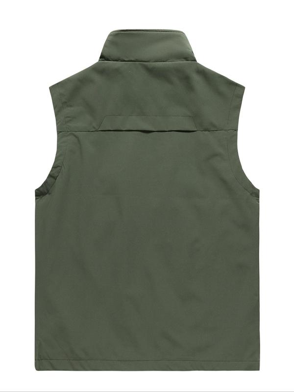 Men's Solid Pocket Zipper Funnel Neck Vest Jacket, Regular Fit Casual Sleeveless Outerwear for Spring & Fall, Men's Clothes for Daily Wear