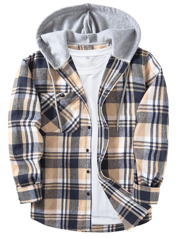 Men's Plaid Print Button Front Drawstring Hooded Shirt, Regular Fit Casual Long Sleeve Pocket Top for Daily Wear, Men's Clothes for All Seasons