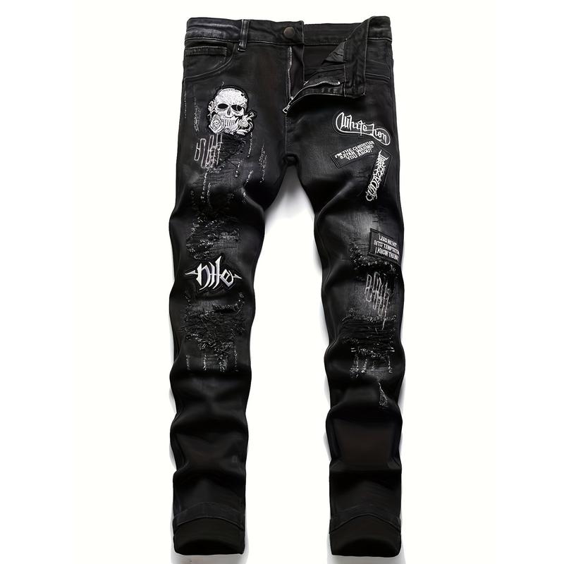 Men's Halloween Patchwork Jeans, Casual Street Style Medium Stretch Denim Pants