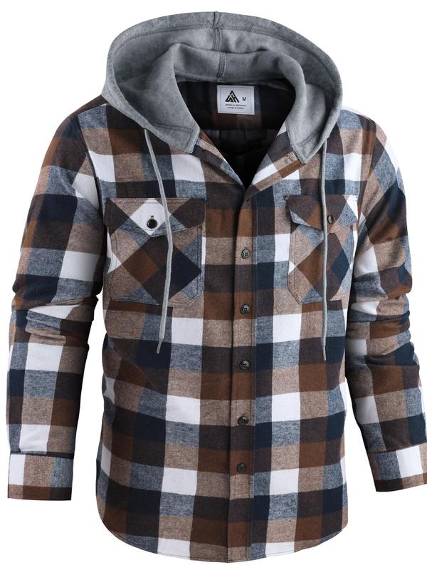 Men's Plaid Print Button Front Drawstring Hooded Shirt, Regular Fit Casual Long Sleeve Pocket Top for Daily Wear, Men's Clothes for All Seasons