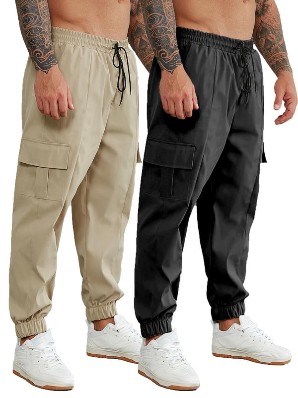  Men's Solid Drawstring Waist Cargo Pants, Casual Pocket Trousers for Daily Wear, Men's Bottoms for All Seasons