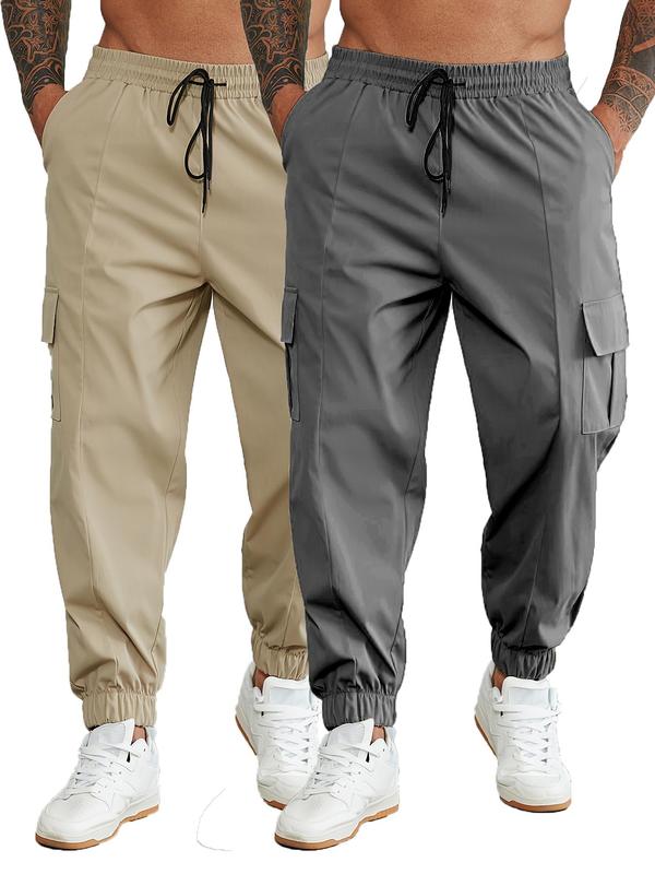  Men's Solid Drawstring Waist Cargo Pants, Casual Pocket Trousers for Daily Wear, Men's Bottoms for All Seasons