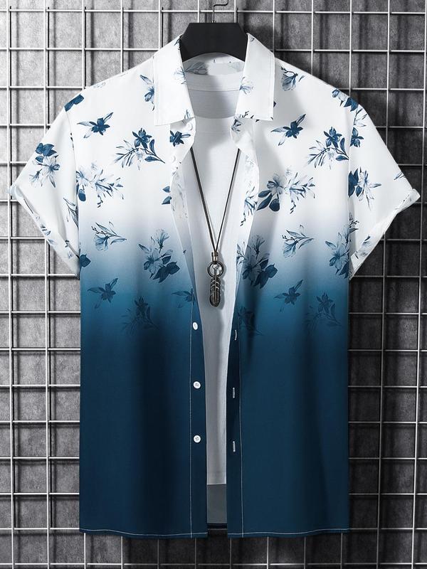 Men's Regular Fit Ombre & Plant Print Button Front Shirt Without Tee & Necklace, Summer Clothes, Casual Short Sleeve Collar Shirt for Summer, Fashion Men's Clothes