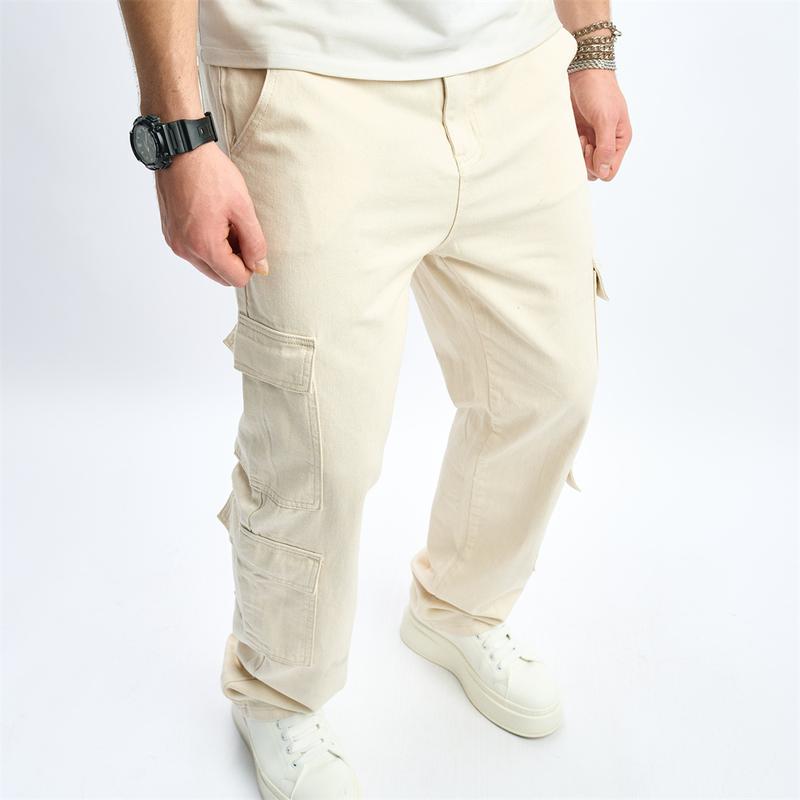 Streetwear Men Stylish Multi pocket Loose Cargo Jeans Good Quality Male Casual Straight Denim Pants Menswear Underwear Trouser Human Beige Plain