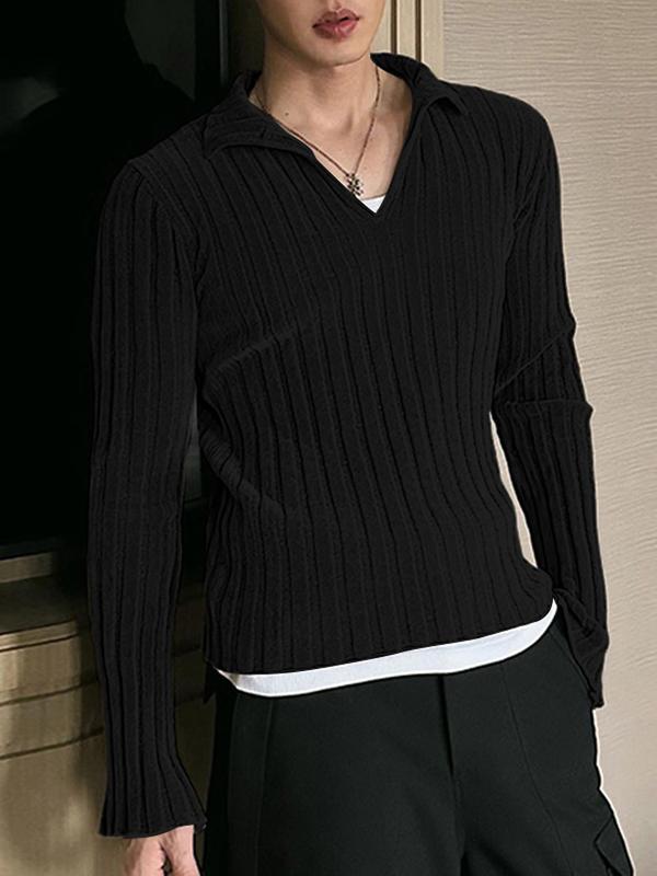 Men's Solid Collar Ribbed Knit Top, Regular Fit Casual Long Sleeve Pullover for Fall & Winter, Men's Knitwear for Daily Wear