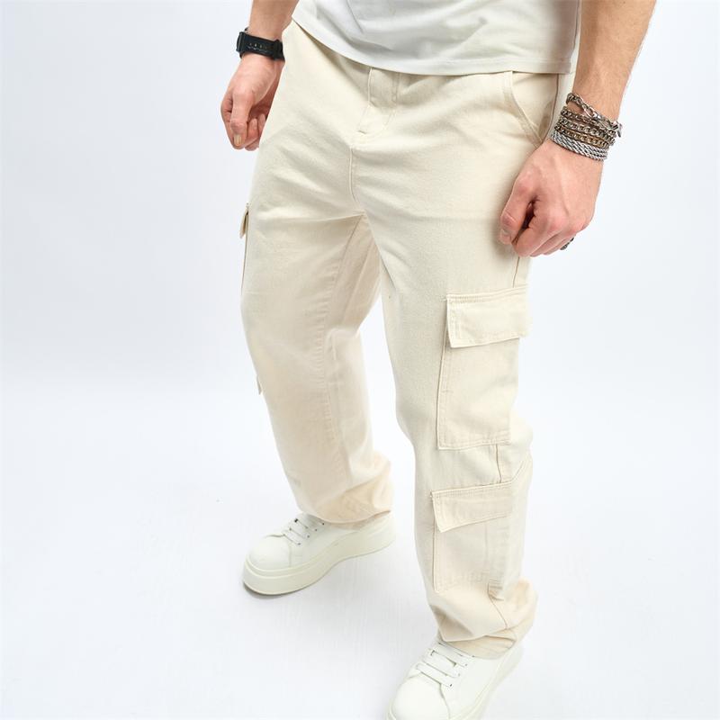 Streetwear Men Stylish Multi pocket Loose Cargo Jeans Good Quality Male Casual Straight Denim Pants Menswear Underwear Trouser Human Beige Plain