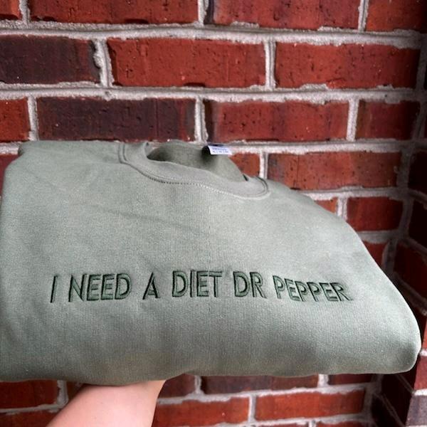 Embroidered “I NEED A DIET DR PEPPER” trendy and minimalist monochromatic crewneck neutral