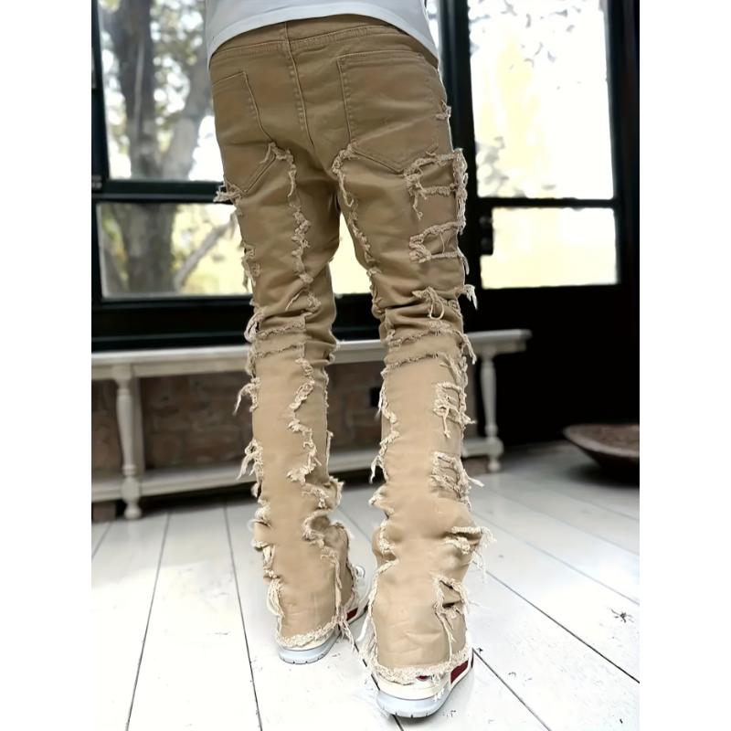 Y2k Hip Hop Style Raw Trim Jeans, Men's Casual Street Style Stretch Denim Pants