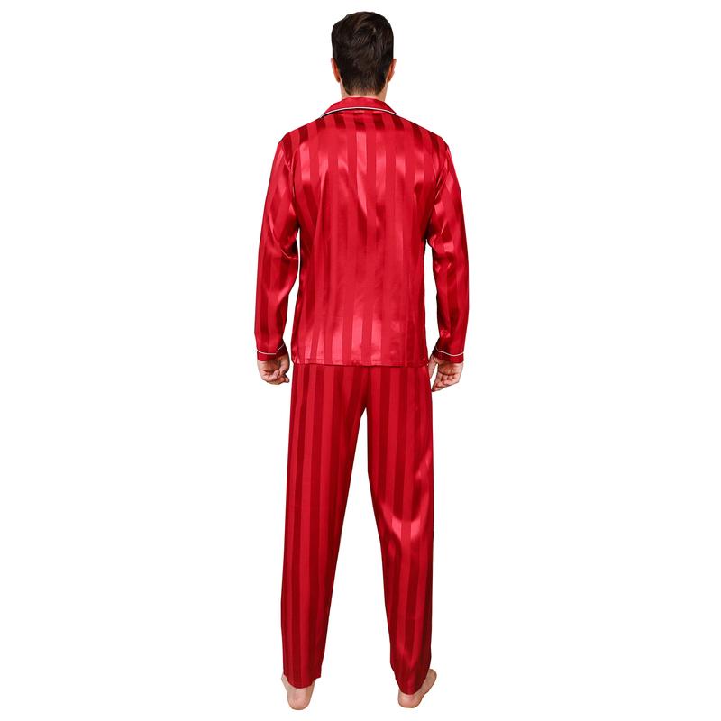 ShuiGod-Mens Silky Satin Pajamas Set Nightwear Stripe Long Sleepwear-Red Stripe