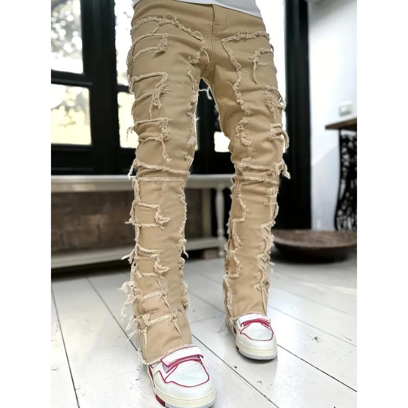 Y2k Hip Hop Style Raw Trim Jeans, Men's Casual Street Style Stretch Denim Pants