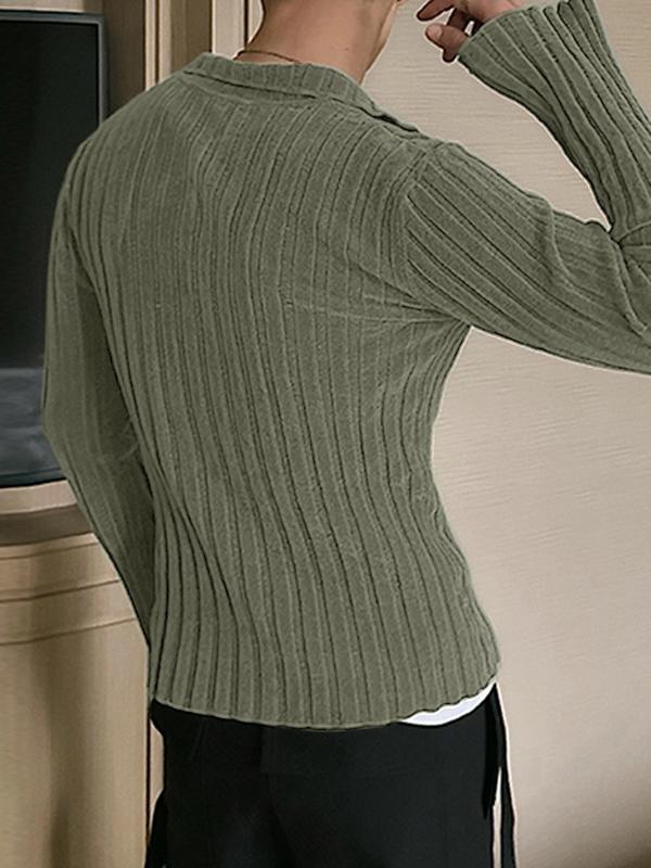 Men's Solid Collar Ribbed Knit Top, Regular Fit Casual Long Sleeve Pullover for Fall & Winter, Men's Knitwear for Daily Wear