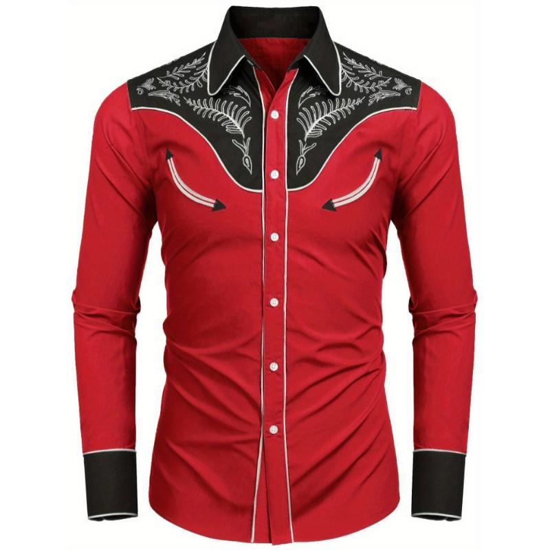 warm Men's Western Cowboy Shirt Embroidered Button Down Long Sleeve Shirts