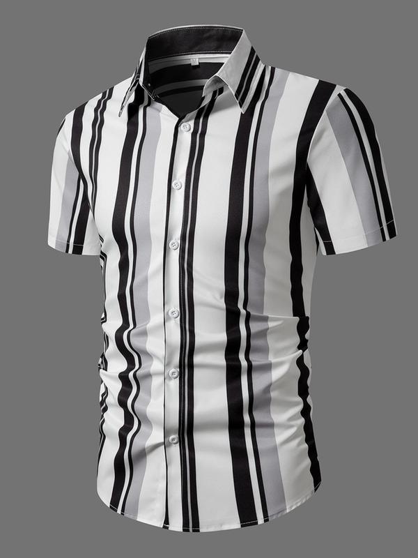 Men's Plaid & Striped Print Button Front Shirt, Regular Fit Casual Short Sleeve Collared Top for Summer, Men's Clothes for Daily Wear