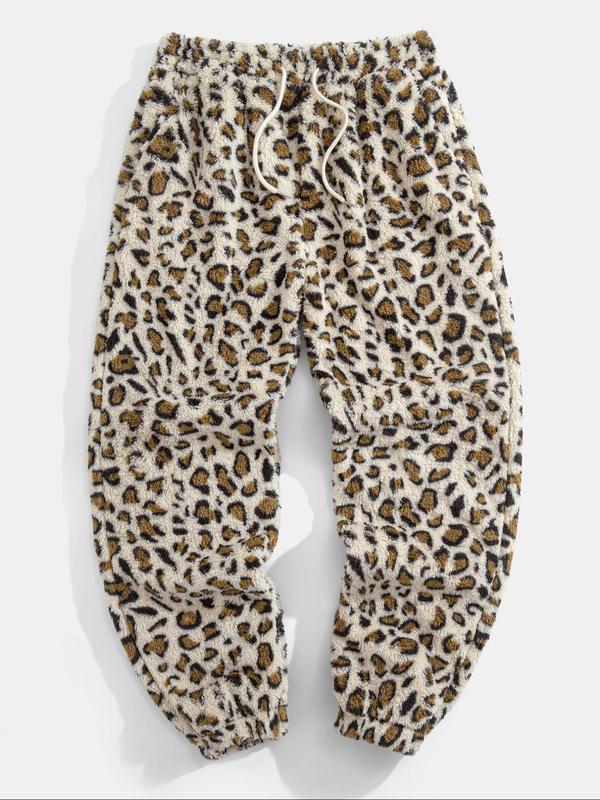 Men's Leopard Print Drawstring Waist Pants, Casual Comfy Pocket Trousers for Daily Wear, Men's Bottoms for Winter