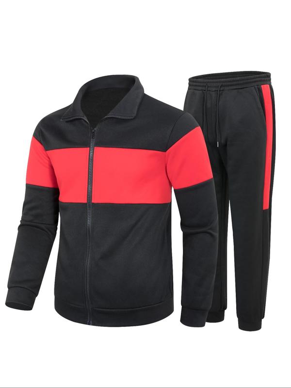 Men's Colorblock Zip Up Sweatshirt & Side Striped Drawstring Waist Sweatpants Two-piece Set, Regular Fit Casual Long Sleeve Collared Top & Pocket Jogger Pants, Men's Two-piece Outfits for Fall & Winter