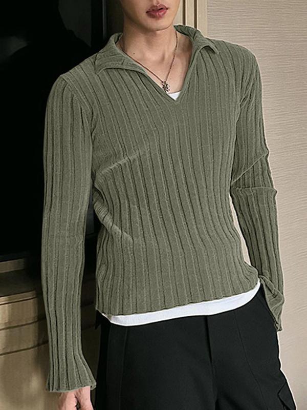 Men's Solid Collar Ribbed Knit Top, Regular Fit Casual Long Sleeve Pullover for Fall & Winter, Men's Knitwear for Daily Wear