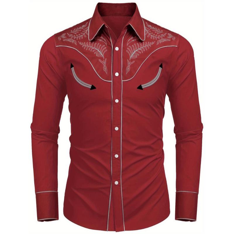 warm Men's Western Cowboy Shirt Embroidered Button Down Long Sleeve Shirts