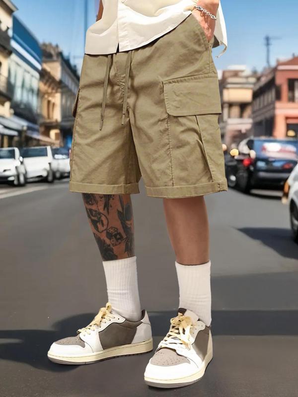 Men's Loose Solid Drawstring Waist Cargo Shorts, Casual Pocket Elastic Waist Shorts for Spring & Fall, Shorts for Men, Street Fashion Men's Bottoms for Daily Wear