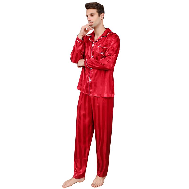 ShuiGod-Mens Silky Satin Pajamas Set Nightwear Stripe Long Sleepwear-Red Stripe