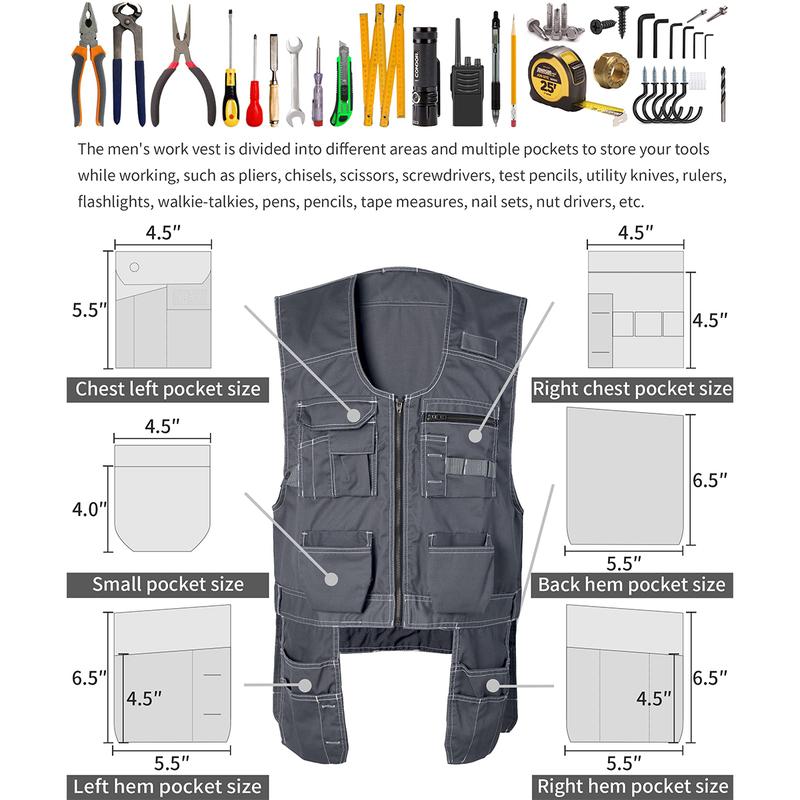 Men's Work Utility Tool Vest Ripstop Workwear with Multiple Pockets, Outdoor Fishing Vest for Men