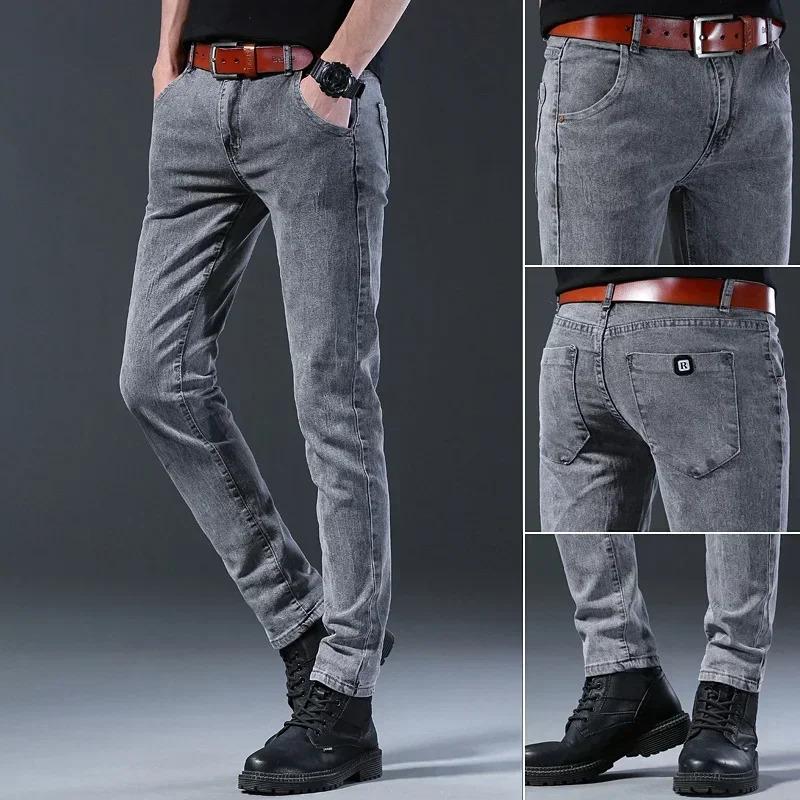 New Men's Denim Pants Slim Straight Gentleman Size 27-38 Slacks Fashion European American Style Stretch Men Luxury Jeans Grey Menswear Underwear Trouser Human