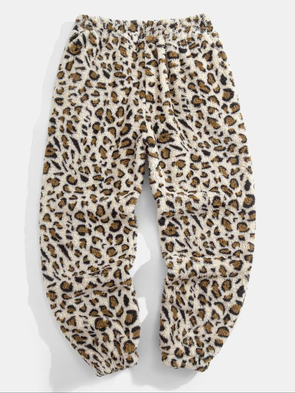 Men's Leopard Print Drawstring Waist Pants, Casual Comfy Pocket Trousers for Daily Wear, Men's Bottoms for Winter