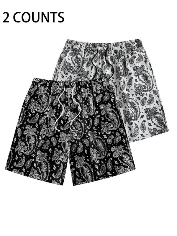 Men's Paisley Print Pocket Drawstring Shorts, Summer Clothes, Going Out Outfit, Beach Shorts for Vacation Holiday, Trendy Menswear Clothing, Drippy Outfits, Lazy School Outfit