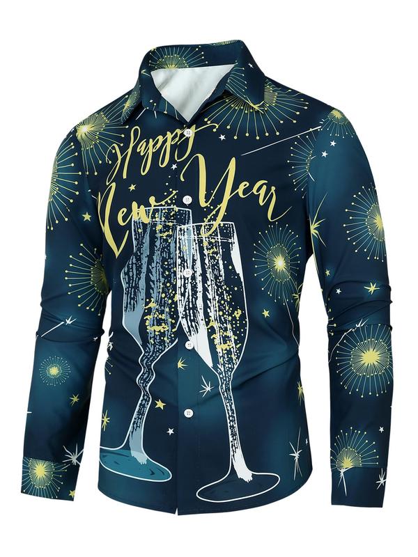 Men's Christmas Themed Button Front Shirt, Regular Fit Casual Long Sleeve Collared Top for Spring & Fall, Men's Clothes for Daily Wear