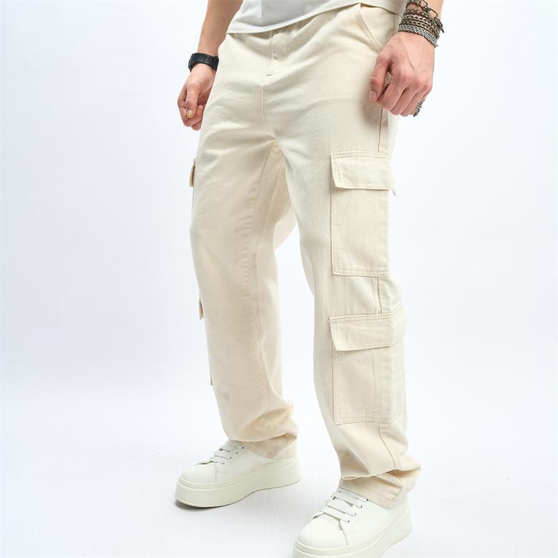 Streetwear Men Stylish Multi pocket Loose Cargo Jeans Good Quality Male Casual Straight Denim Pants Menswear Underwear Trouser Human Beige Plain