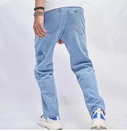 Male carpenter style   Men Streetwear Solid Multiple pockets Spliced Straight Jeans Trousers Male Stylish Casual Loose Denim Pants Fabric Menswear Classic Fitted Relaxed Fit Spandex Stretch Stretchy Underwear Cotton Plain Beige