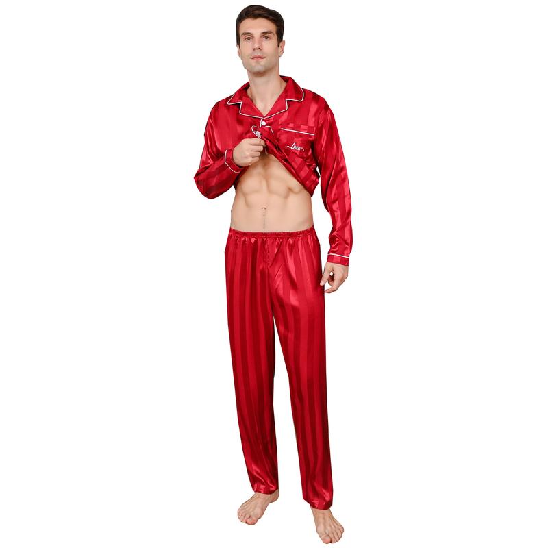 ShuiGod-Mens Silky Satin Pajamas Set Nightwear Stripe Long Sleepwear-Red Stripe