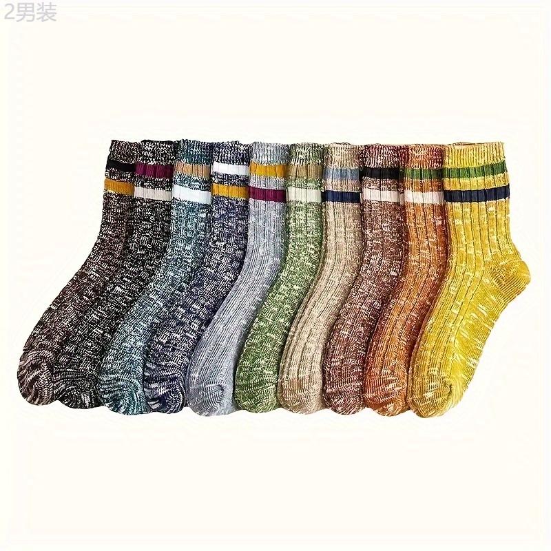 10 Pairs Of Men's Trendy Ethnic Vintage Stripe Crew Socks, Breathable Comfy Casual Unisex Socks For Men's Outdoor Wearing All Seasons Wearing Fabric Menswear Spandex Striped