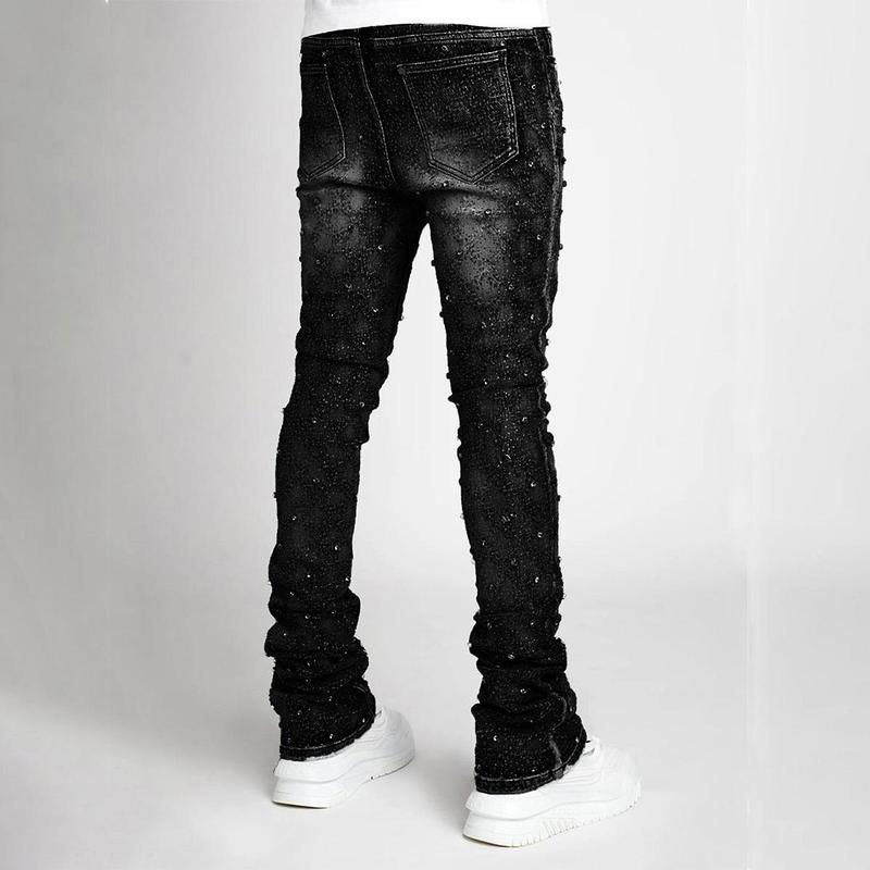 Men's stretch jeans ripped stack jeans spliced distressed jeans Y2k Harajuku Emo hip hop pants, pearl jeans