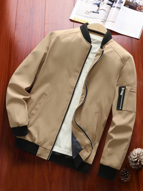 Men's Zipper Pocket Baseball Collar Varsity Jacket, Bomber Jacket Coat, Regular 2024 Mens Jacket, Casual Solid Color Baseball Jacket, Going Out Outfit, Men's Streetwear Outerwear for Fall & Winter, Fall Clothes