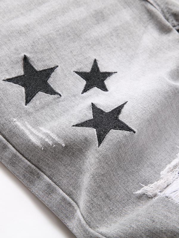 Men's Cosmic Star Print Ripped Jeans - Trendy Slim Fit, Premium White Cotton Blend, Fashionable Menswear Denim Retro Streetwear Aesthetic