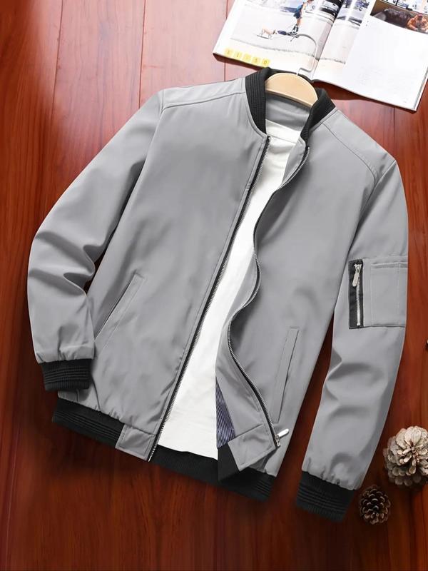 Men's Zipper Pocket Baseball Collar Varsity Jacket, Bomber Jacket Coat, Regular 2024 Mens Jacket, Casual Solid Color Baseball Jacket, Going Out Outfit, Men's Streetwear Outerwear for Fall & Winter, Fall Clothes