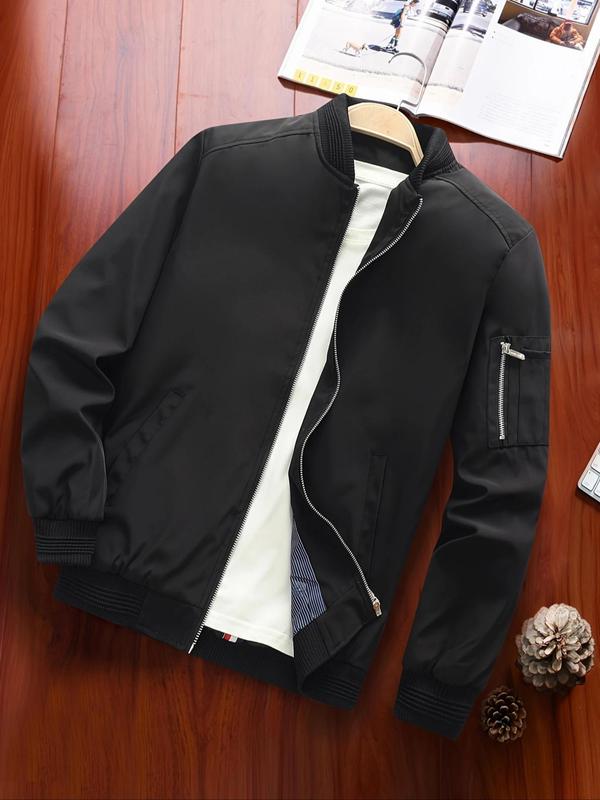 Men's Zipper Pocket Baseball Collar Varsity Jacket, Bomber Jacket Coat, Regular 2024 Mens Jacket, Casual Solid Color Baseball Jacket, Going Out Outfit, Men's Streetwear Outerwear for Fall & Winter, Fall Clothes