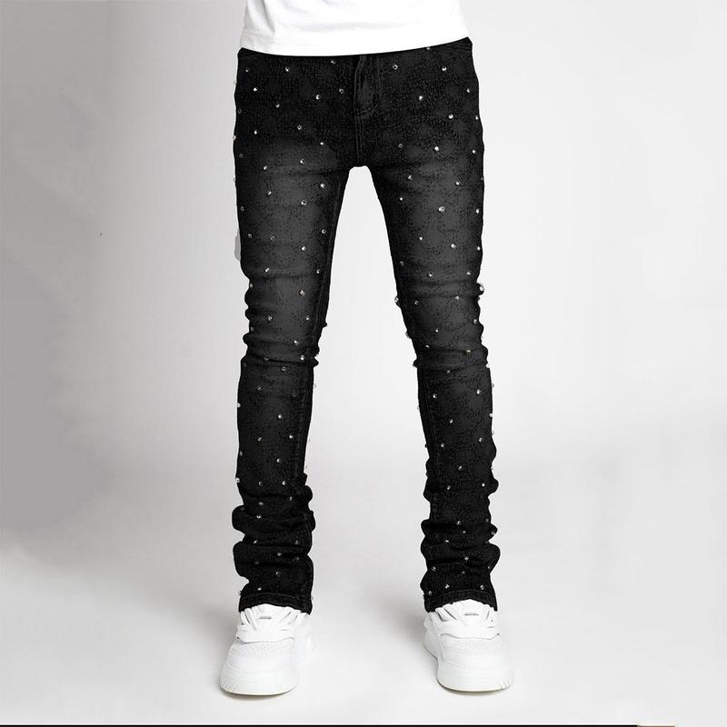 Men's stretch jeans ripped stack jeans spliced distressed jeans Y2k Harajuku Emo hip hop pants, pearl jeans