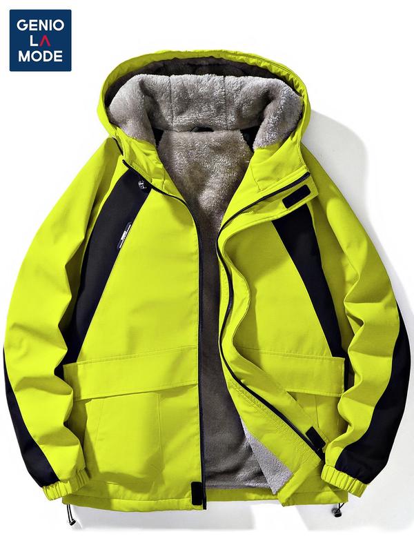 Men's Colorblock Zip Up Sports Hooded Coat, Casual Long Sleeve Drawstring Pocket Thermal Lined Outerwear for Fall & Winter, Men's Sportswear for Outdoor Activities