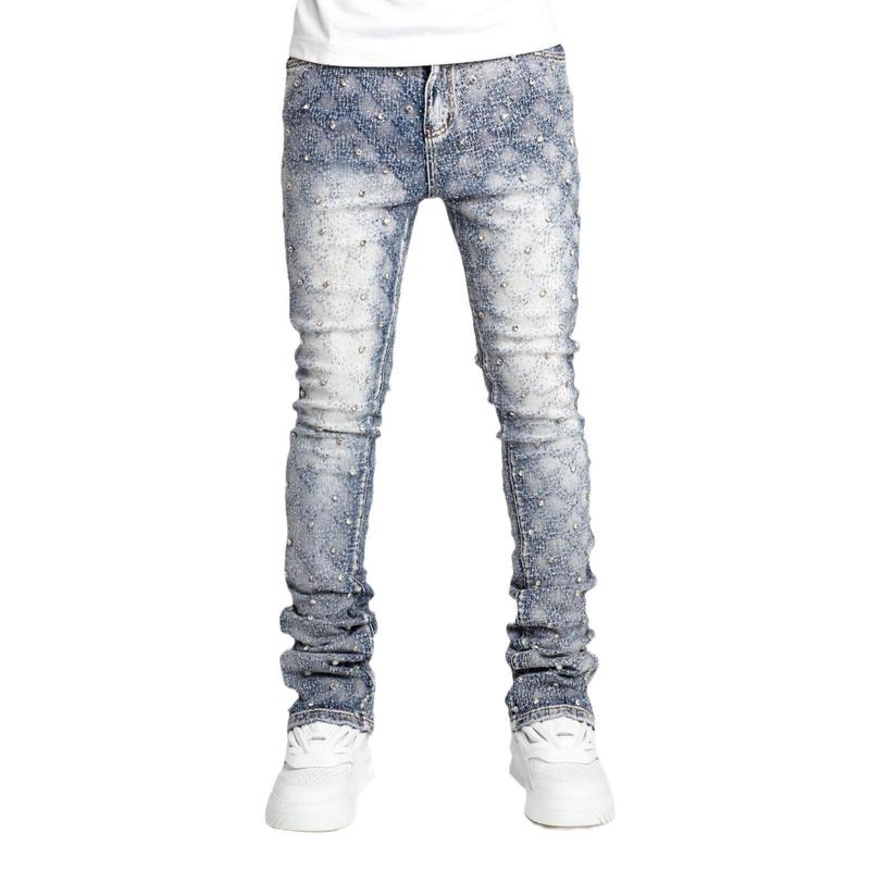 Men's stretch jeans ripped stack jeans spliced distressed jeans Y2k Harajuku Emo hip hop pants, pearl jeans