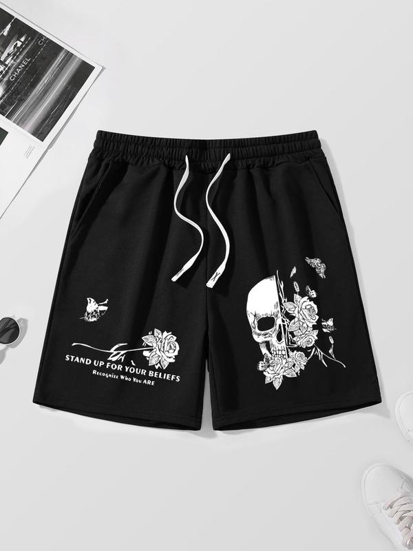 Men's Skull & Rose Print Drawstring Waist Pocket Track Shorts, Streetwear, Regular Fit Punk Casual Soft Comfortable Shorts for Summer, Fashion Men's Bottoms for Daily Wear