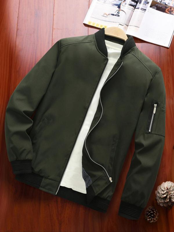 Men's Zipper Pocket Baseball Collar Varsity Jacket, Bomber Jacket Coat, Regular 2024 Mens Jacket, Casual Solid Color Baseball Jacket, Going Out Outfit, Men's Streetwear Outerwear for Fall & Winter, Fall Clothes