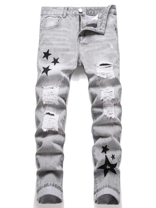 Men's Cosmic Star Print Ripped Jeans - Trendy Slim Fit, Premium White Cotton Blend, Fashionable Menswear Denim Retro Streetwear Aesthetic