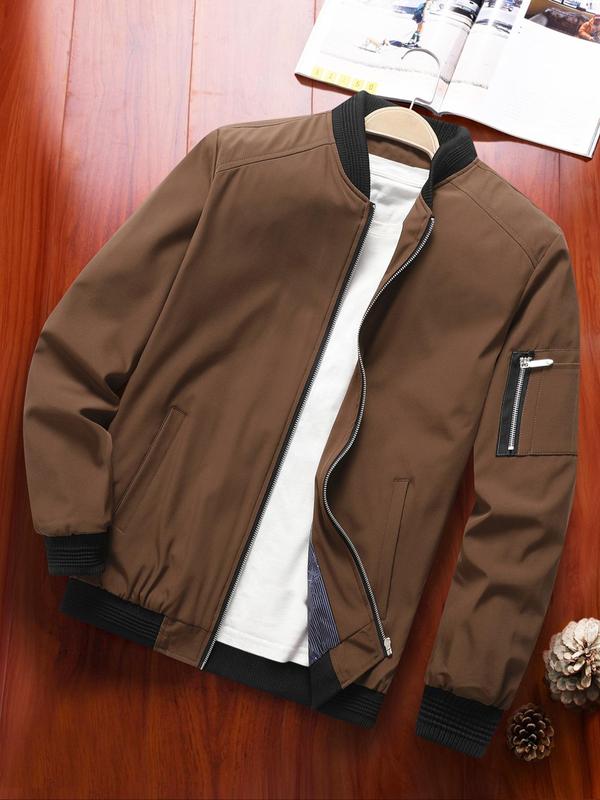 Men's Zipper Pocket Baseball Collar Varsity Jacket, Bomber Jacket Coat, Regular 2024 Mens Jacket, Casual Solid Color Baseball Jacket, Going Out Outfit, Men's Streetwear Outerwear for Fall & Winter, Fall Clothes