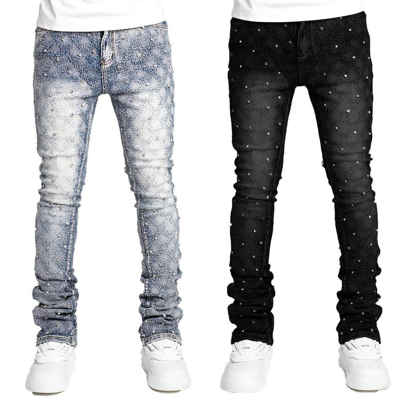 Men's stretch jeans ripped stack jeans spliced distressed jeans Y2k Harajuku Emo hip hop pants, pearl jeans