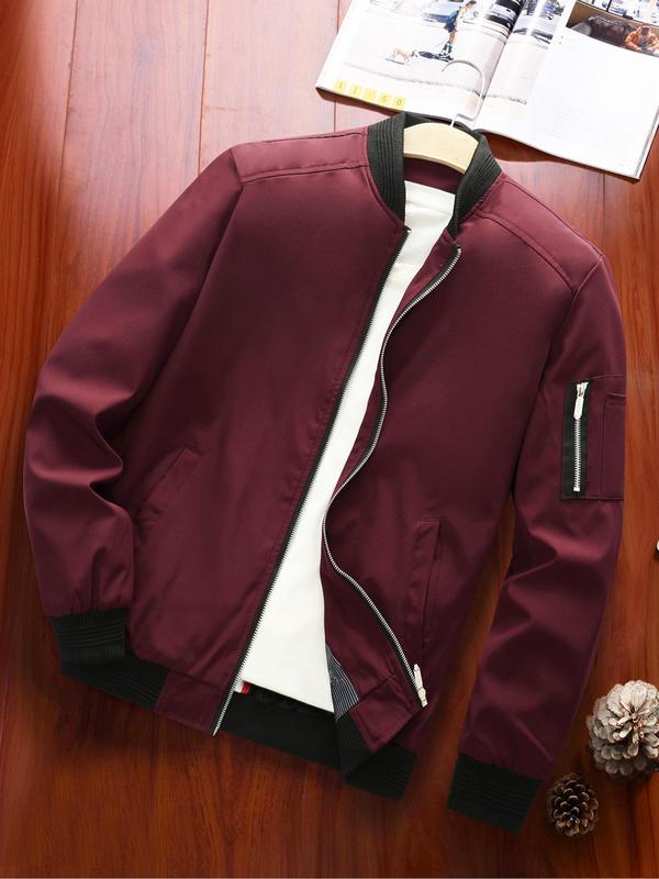 Men's Zipper Pocket Baseball Collar Varsity Jacket, Bomber Jacket Coat, Regular 2024 Mens Jacket, Casual Solid Color Baseball Jacket, Going Out Outfit, Men's Streetwear Outerwear for Fall & Winter, Fall Clothes