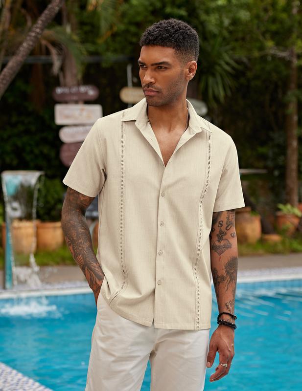 COOFANDY Men's Short sleeved Cuba Guayabera Casual Summer Front Button Casual Business Men's Shirt, Men's Top Underwear, Home Casual Men's Clothing, Front Button Short sleeved Shirt Menswear